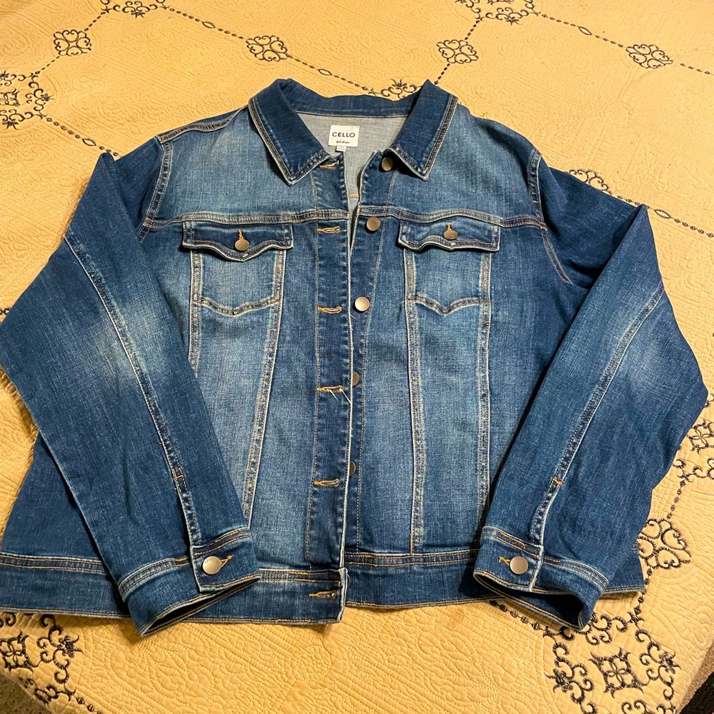 Cello Denim Jacket; distress in just the right areas. 3X very comfortable.